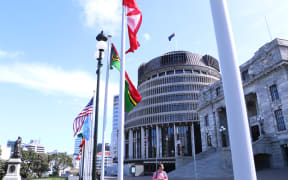 Pacific flags flying outside the New Zealand Parliament building in Wellington.