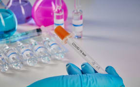 Hand in blue disposable glove holding testing kit. Medical flasks with colorful chemical reagents. Ampoules with liquid and syringe isolated on white. Coronavirus laboratory research.
