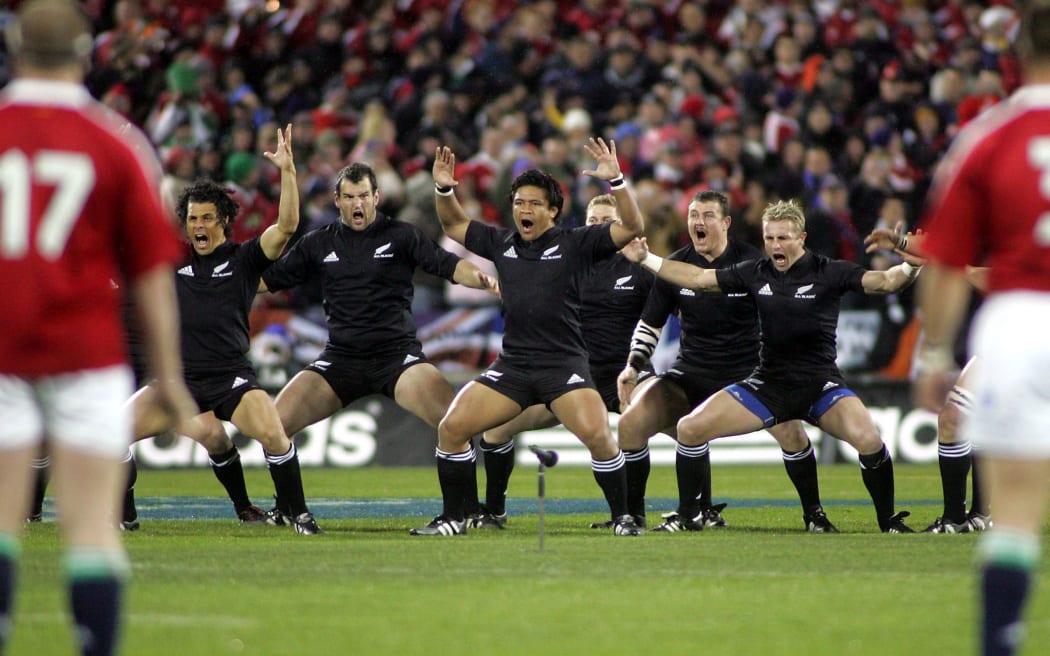 The 2005 All Blacks perform their haka before taking on the Lions in the first Test.