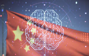 Double exposure of creative human brain microcircuit hologram on flag of China and blue sky background. Future technology and AI concept