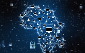 Cyberspace communication concept with digital Africa map, glowing social media icons, computer signs and locks at dark background. 3D rendering