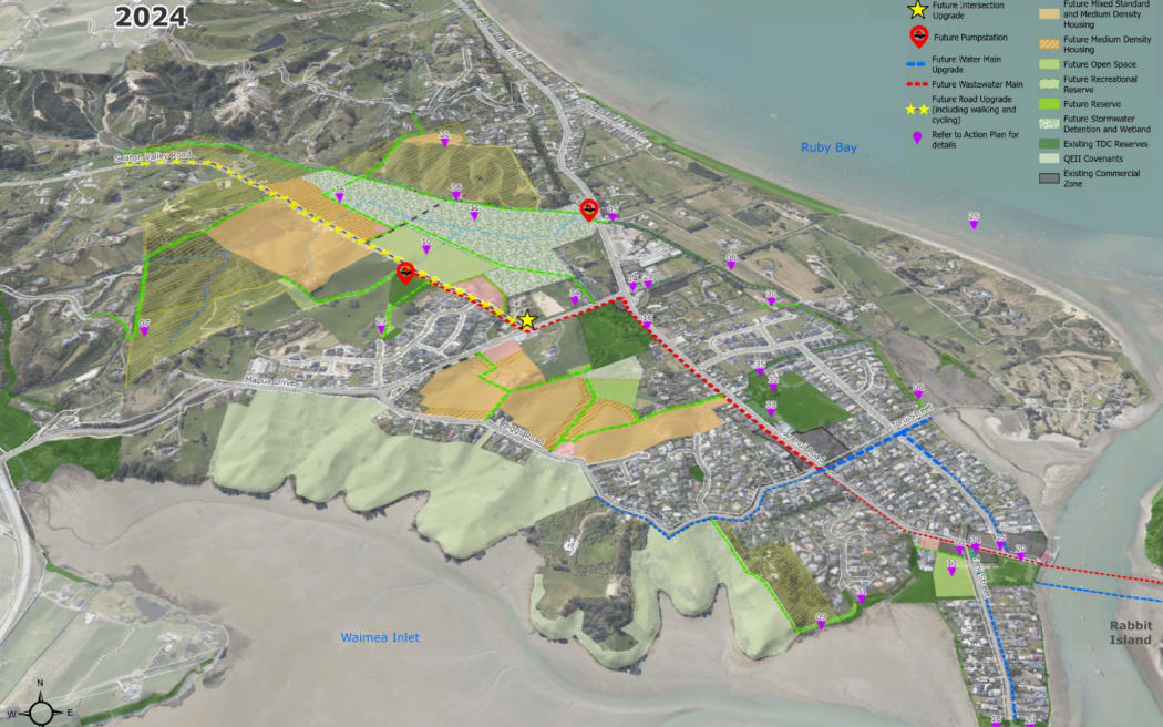 The draft masterplan for the town envisages extensive development, primarily focused in the rural Seaton Valley. Photo: Supplied/Tasman District Council.