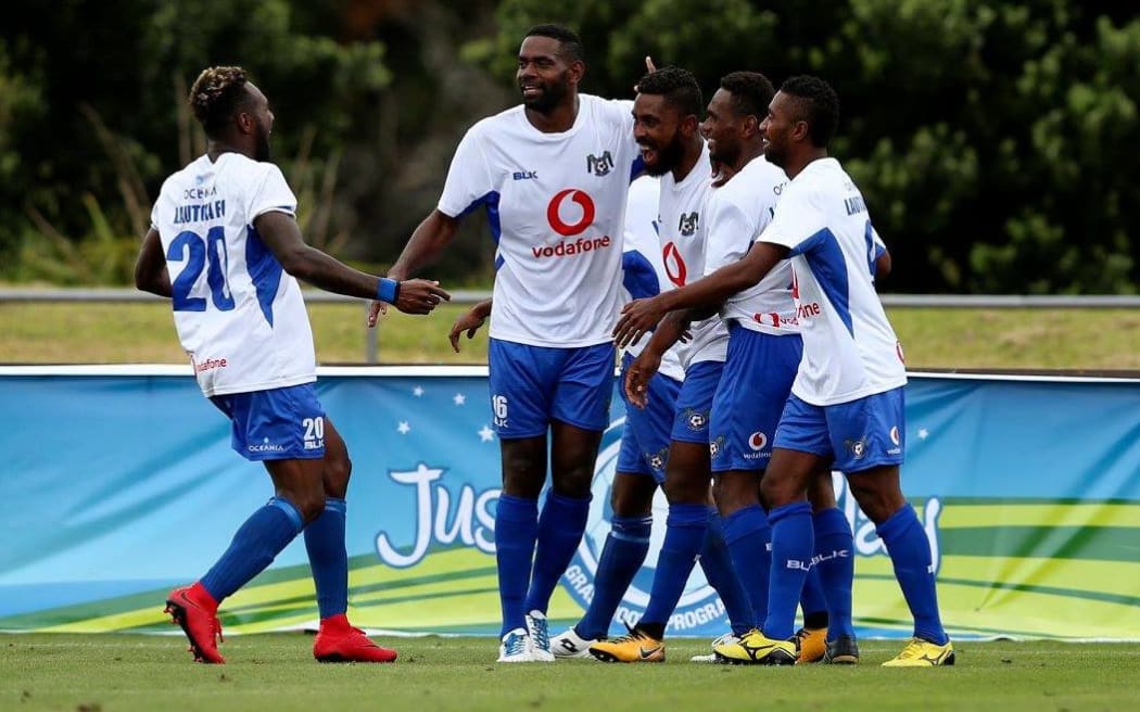 Lautoka players celebrate Samuela Drudru's double which propelled them into the quarterfinals