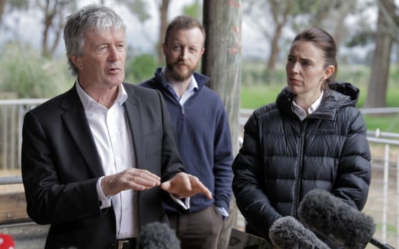 Agriculture Minister Damien O'Connor, with Emergency Management Minister Kieran McAnulty and Prime Minister Jacinda Ardern at the release of the government's farm emission pricing proposals on 11 October 2022.