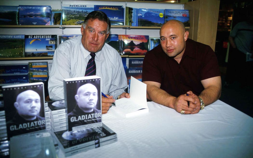 All Black hooker Norm Hewitt and Colin Meads at the release of his book Gladiator.