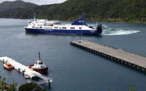 Bluebridge ferry the Connemara berthing at Picton wharf, helped by a tug, after earlier hitting the wharf while attempting to berth.
