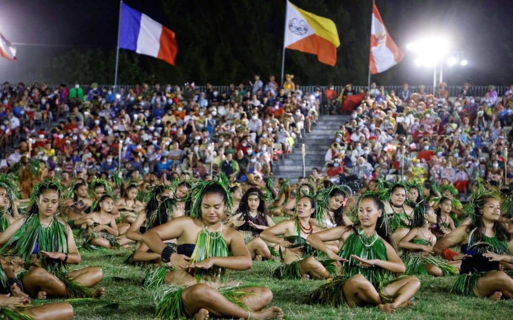 Traditional performers and dancers take part in a cultural show for visiting French President Emmanuel Macron (not pictured) at a stadium during his visit to Atuona on Hiva Oa, the second largest island of the Marquesas Islands, French Polynesia