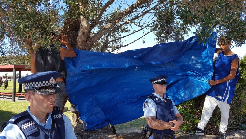 A tarpaulin was put up to block the media's view of Te Tii Marae.