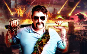 A promotional poster for Heath Franklin's Chopper: The Last Hard Bastard on Earth. Heath Franklin, as Chopper, stands in front of a post-apocalyptic landscape, holding an axe across his shoulders.
