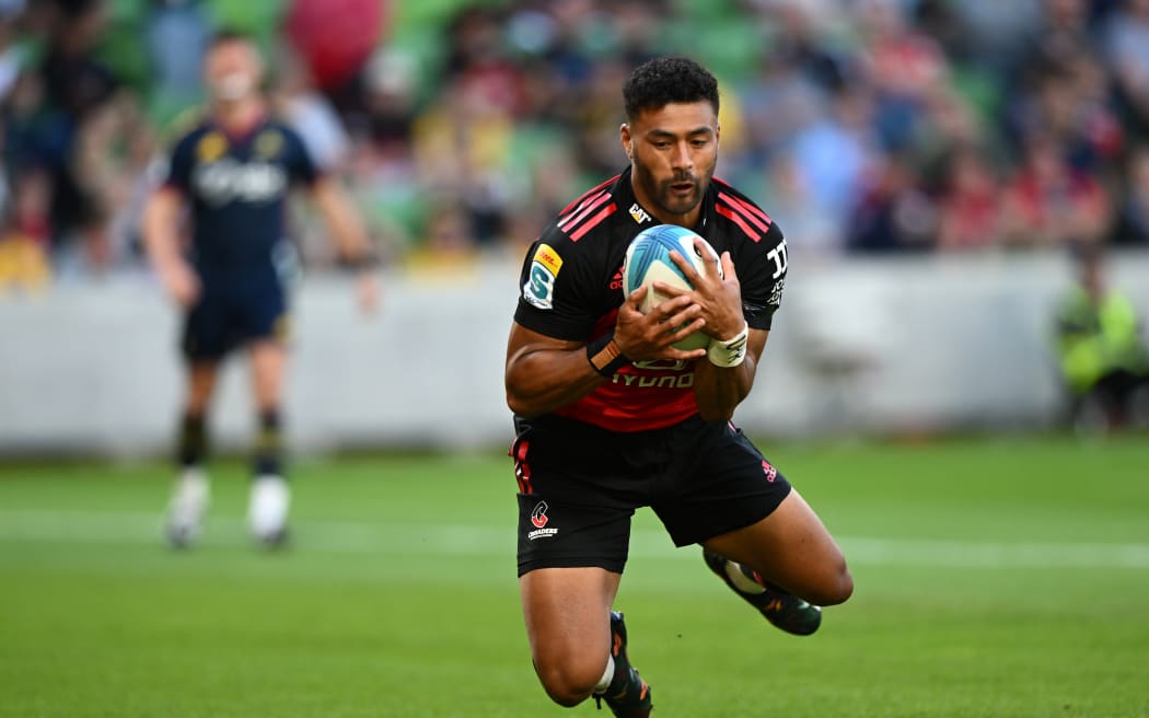 Richie Mo'unga of the Crusaders scores a try during the Super Rugby Pacific