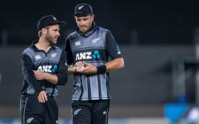Black Caps captain Kane Williamson talks to Tim Southee.
