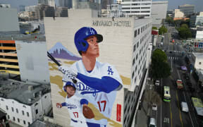 A mural showing Los Angeles Dodgers player Shohei Ohtani on the Miyako Hotel in Little Tokyo in downtown Los Angeles.