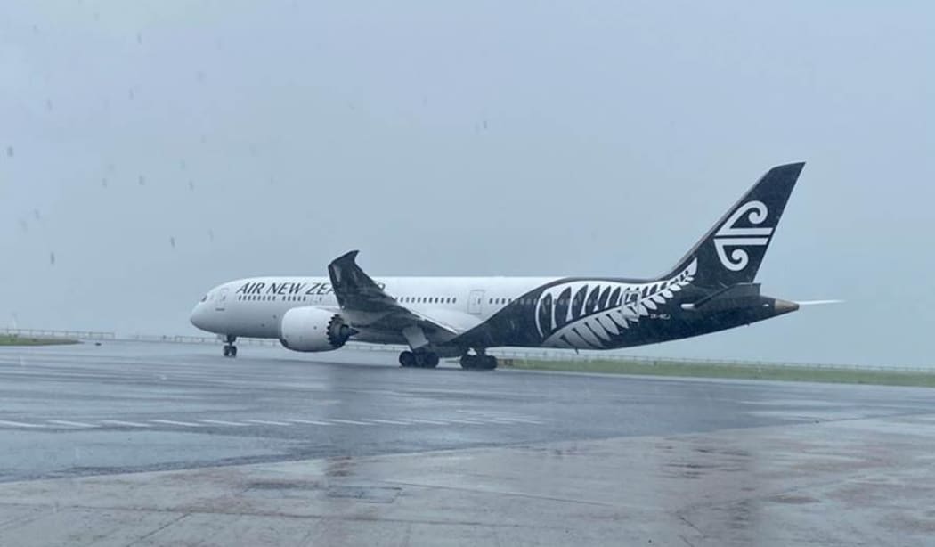 An Air New Zealand flight departs Apia for Auckland carrying seasonal workers from Samoa, in February 2021.