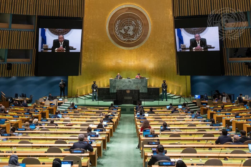 David Kabua (on screens), President of the Republic of the Marshall Islands, addresses the general debate of the General Assembly’s seventy-sixth session. New York 22 September 2021