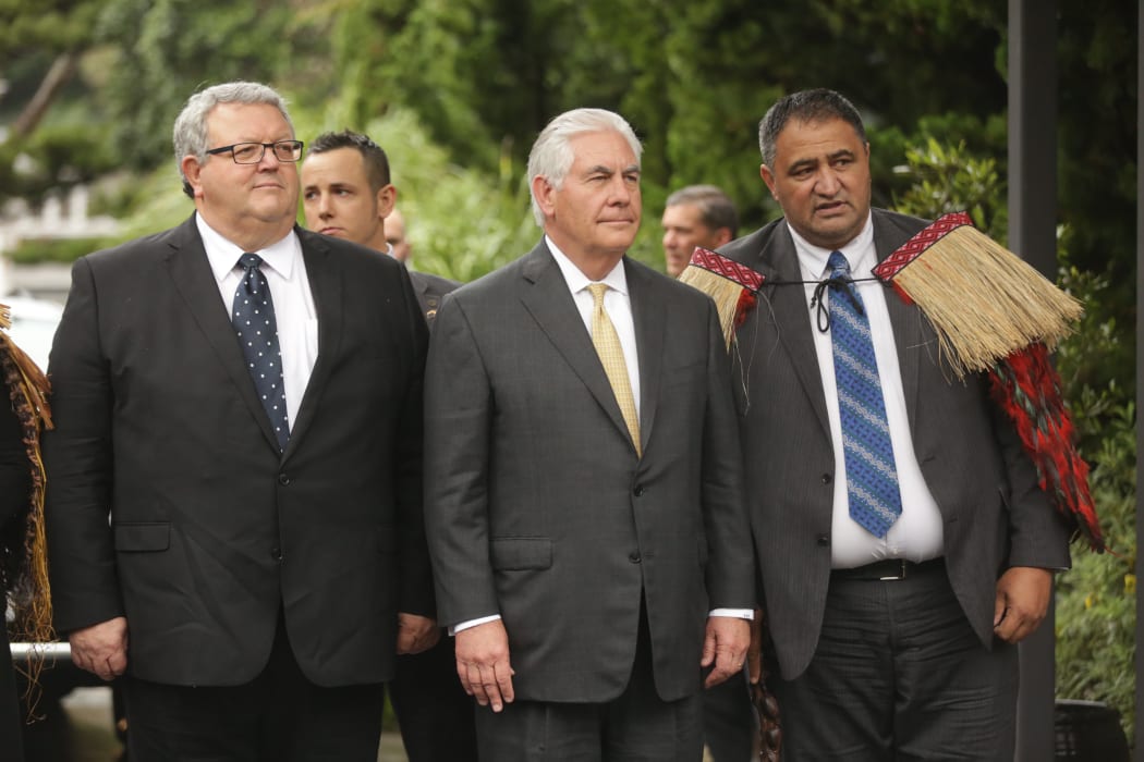 Gerry Brownlee and Rex Tillerson at the powhiri at Premier House