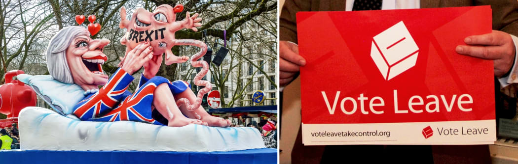 Anti-Brexit protest float, Vote Leave poster