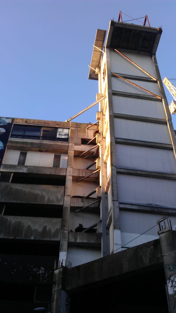The lift shaft has been stabilised with steel braces.