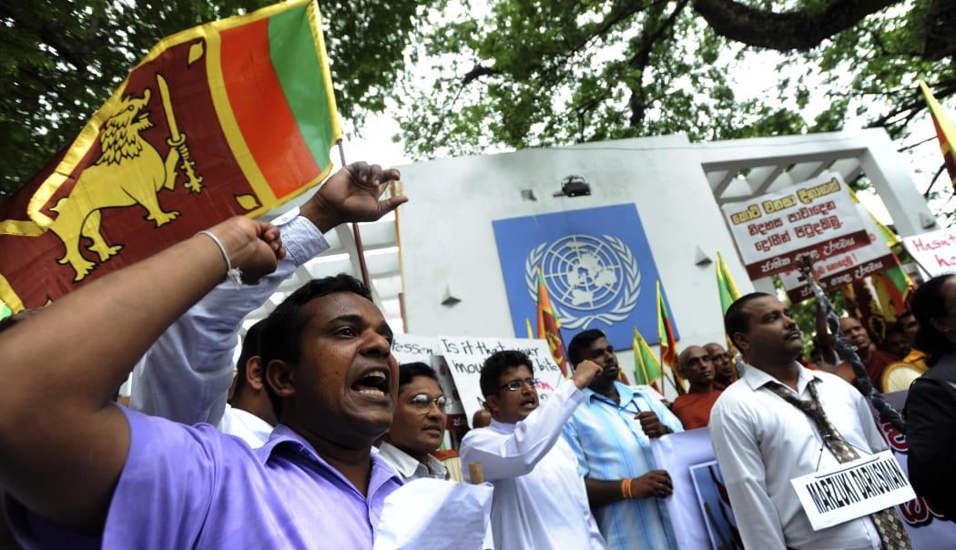 Sri Lankan demonstrators protested at the UN in 2010 against the appointment of war crimes panel.