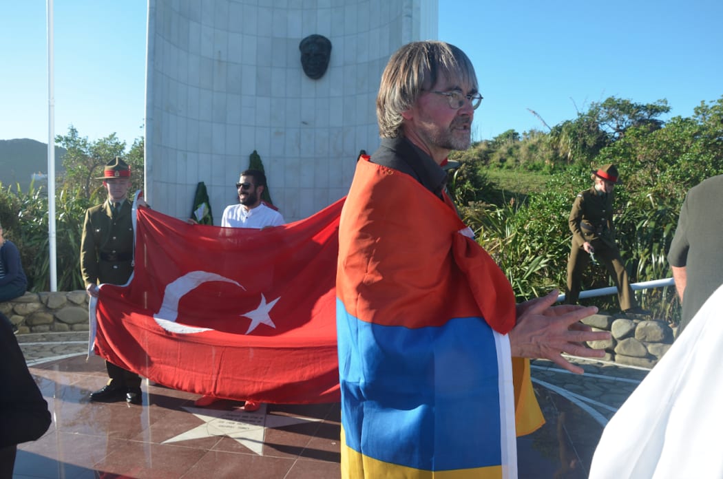 Richard Noble protesting for recognition of the Armenian genocide, at the Ataturk Memorial in 2017.