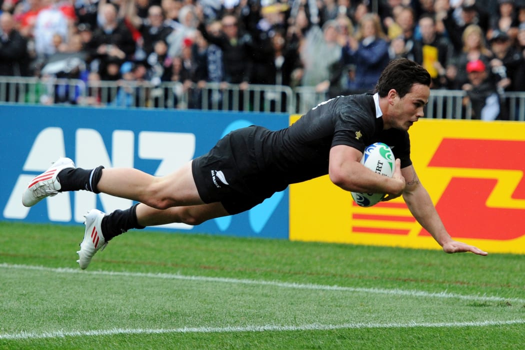 Zac Guilford scores a try during the All Blacks 2011 Rugby World Cup campaign.