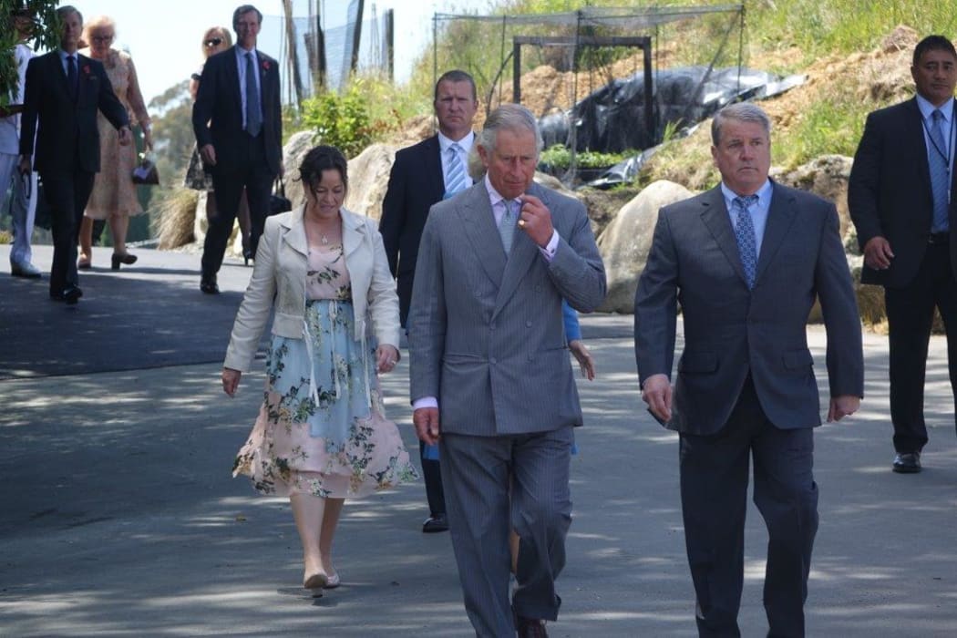 Prince Charles is escorted around the Mahana Winery by owner Glenn Schaeffer (right).