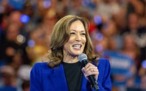 US Vice President Kamala Harris speaks during a campaign event at Fiserv Forum in Milwaukee, Wisconsin, US, on Tuesday, Aug. 20, 2024. (Photo by Brett Johnsen/NurPhoto) (Photo by Brett Johnsen / NurPhoto / NurPhoto via AFP)
