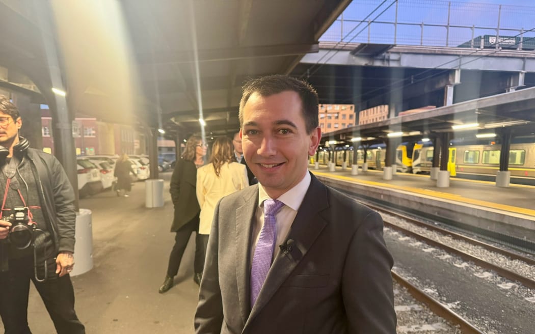 Transport Minister Simeon Brown at Wellington Railway Station after announcing an $800m upgrade announced for lower North Island rail.