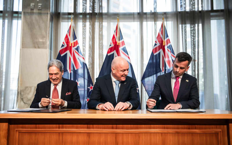 NZ First leader Winston Peters, National Party leader Christopher Luxon and ACT Party leader David Seymour at the formal signing ceremony on 24 November, 2023.
