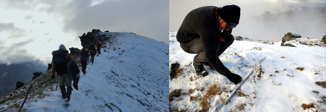 People walking along a snow-covered ridge, and crouched in the snow looking at a tea bag.