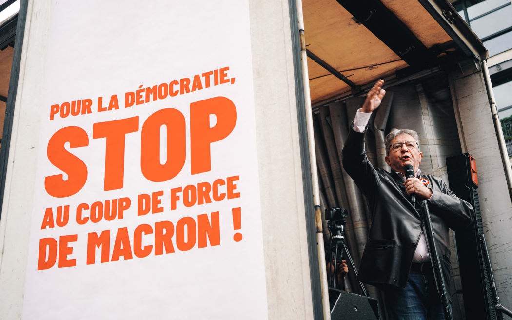 France, Paris, 2024-09-07. Protest against Emmanuel Macron’s « Power grab » in Paris after the appointment of Michel Barnier as Prime Minister. During the gathering, Jean-Luc Melenchon delivers a speech. Photography by Sandrine Laure Dippa / Hans Lucas.
France, Paris, 2024-09-07. Manifestation contre « le coup de force » d’Emmanuel Macron a Paris apres la nomination de Michel Barnier. Jean-Luc Melenchon prononce un discours durant la manifestation. Photographie par Sandrine Laure Dippa / Hans Lucas. (Photo by Sandrine Laure Dippa / Hans Lucas via AFP)