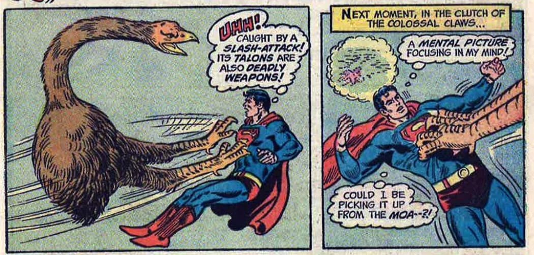 Two panels from 'The Last Moa on Earth!' from DC Action Comics #425, published in 1973