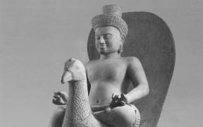 (FILES) This file handout photo released on July 15, 2021 courtesy of the United States Attorney's office Southern District of New York shows "Skanda on a Peacock", a 10th century Cambodian statue. - US authorities on August 8, 2022 returned to Cambodia 30 Khmer works of art stolen near the famous temples of Angkor, among them the sandstone statue "Skanda on a Peacock". The statue was stolen from the Prasat Krachap temple at Koh Ker in Cambodia, and sold by antiquities dealer Douglas Latchford into the international art market. "Skanda on a Peacock" is considered to be a masterpiece of artistic achievement and a valuable part of the Cambodian cultural heritage. (Photo by Handout / United States Attorney's Office / AFP) / RESTRICTED TO EDITORIAL USE - MANDATORY CREDIT "AFP PHOTO /UNITED STATES ATTORNEY'S OFFICE SOUTHERN DISTRICT OF NEW YORK/HANDOUT" - NO MARKETING - NO ADVERTISING...