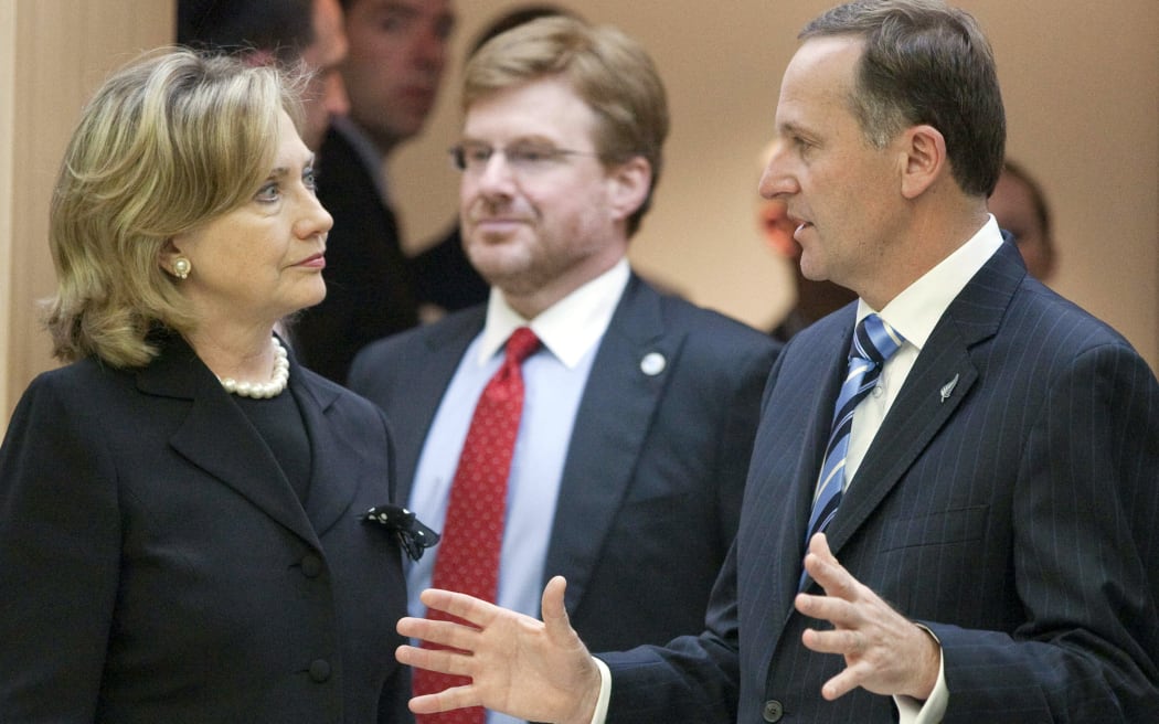 US Secretary of State Hillary Clinton (L) meets with New Zealand Prime Minister John Key at Parliament Complex in Wellington on November 4, 2010.