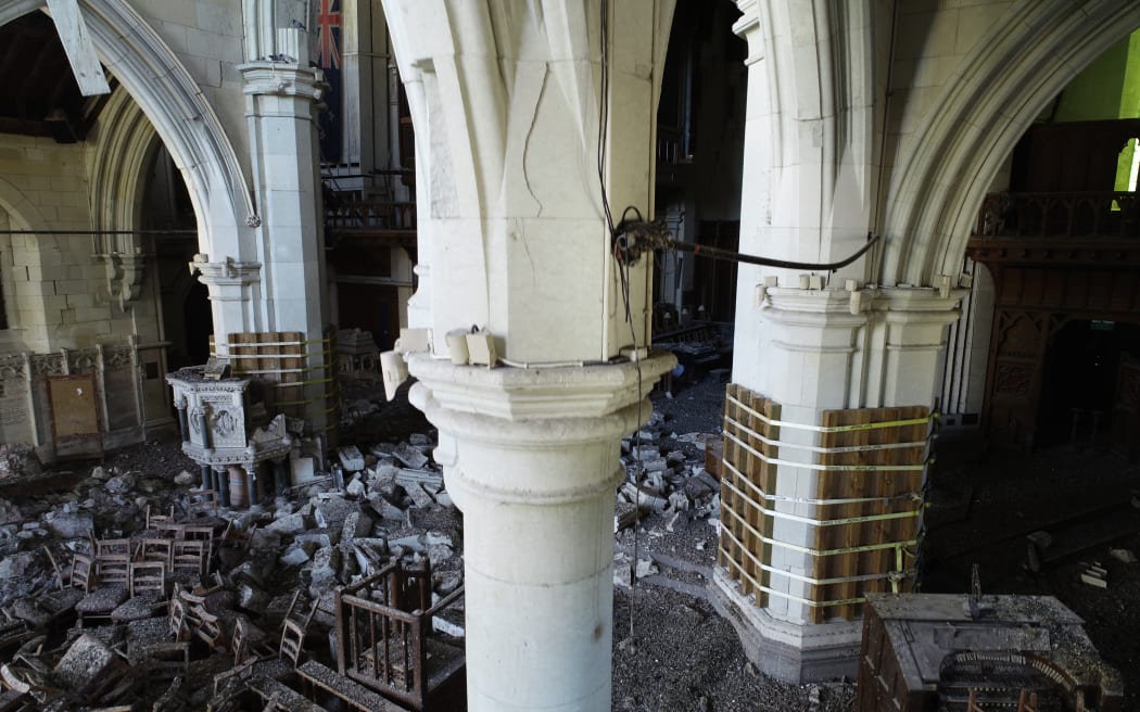 View of the Christchurch Cathedral interior through the lens of a drone.