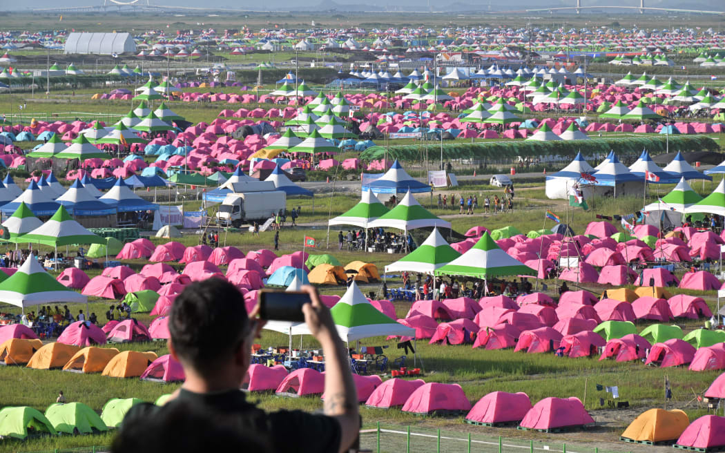 A general view shows the campsite of the World Scout Jamboree in Buan, North Jeolla province on August 5, 2023.
