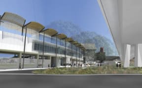 An artist's impression of the external view of the Basin Reserve's Northern Gateway building looking up Ellice Street.
