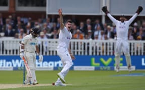 Matt Potts celebrates taking the wicket of Ajaz Patel of the New Zealand Blackcaps during Day 1 of the 1st Test between the New Zealand Blackcaps and England at Lord’s Cricket Ground, London England on Thursday 2 June 2022.