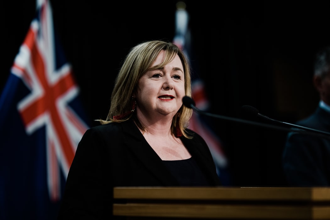 Housing Minister Megan Woods speaking at a media conference after an announcement that she would take charge of managed isolation and quarantine of returning New Zealanders, after a series of failures.