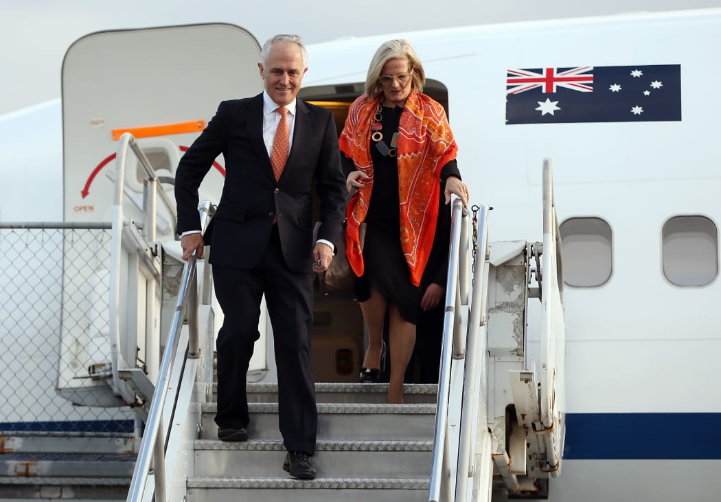 Australian PM Malcolm Turnbull arrives in Auckland with his wife, Lucy, on 16 October 2015.