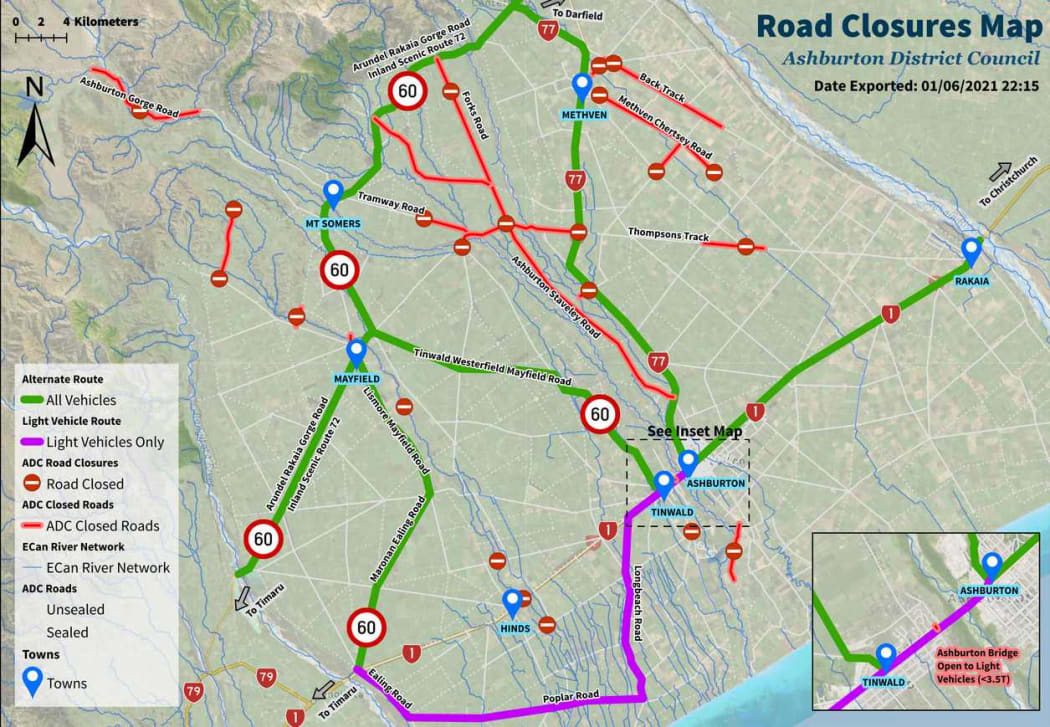 Map showing Ashburton district road closures and alternative routes.