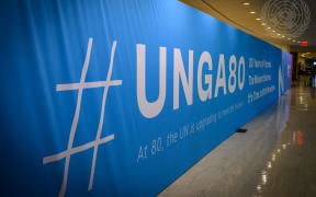 A banner at UN Headquarters on the second day of the general debate of the General Assembly’s eightieth session.