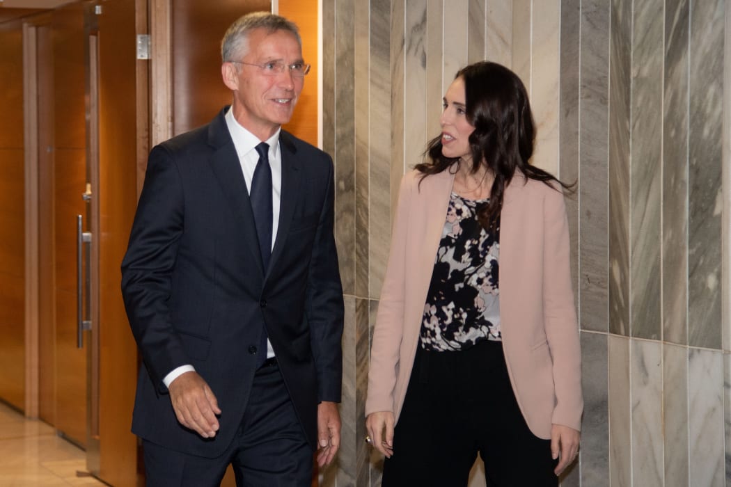 New Zealand Prime Minister Jacinda Ardern (R) meets with NATO Secretary General Jens Stoltenberg at Parliament in Wellington.