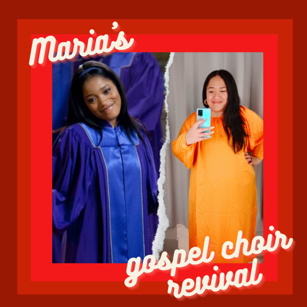 A picture of a gospel choir member in a long blue frock beside a picture of host, Maria, takign a selfie of herself in a long, gospel choir-style orange dress. The image has a red 70s-style border and the caption "Maria's gospel choir revival"
