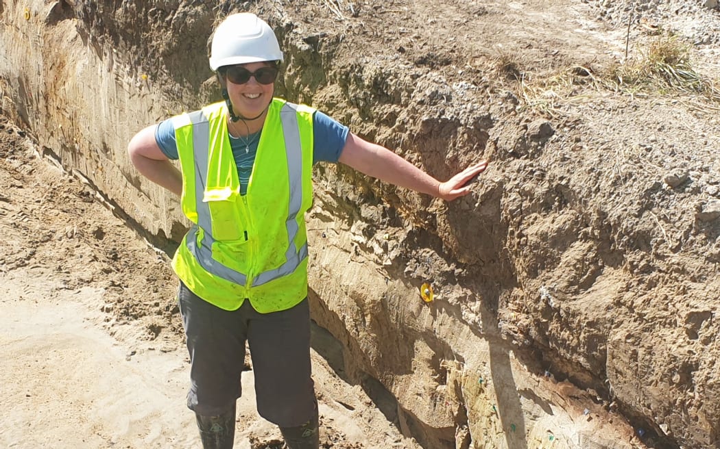 Earthquake geologist Dr Kate Clark at an excavation site on a farm in Tatuanui near Morrinsville in the Waikato.