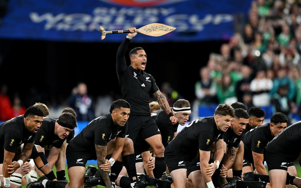 Aaron Smith leads the haka prior to kick-off ahead of the Rugby World Cup France 2023 quarter-final match between Ireland and New Zealand at Stade de France on 14 October, 2023 in Paris, France.