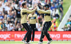 Mitchell Santner and Tim Seifert celebrate.