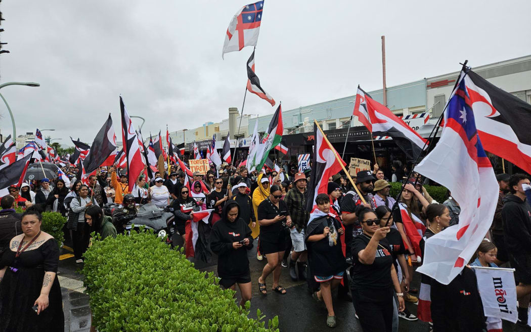 Protestors march through Hastings as part of day 6 of Hīkoi mō Te Tiriti.