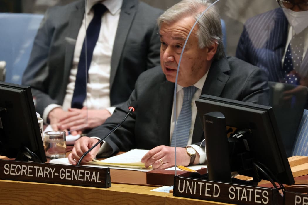 António Guterres, the Secretary-General of the United Nations (UN) addresses the Security Council during a meeting about the ongoing situation in Ukraine at the UN on 5 May 2022 in New York City.