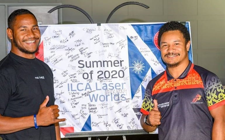 Te Ariki with his brother and coach Raymond Numa at the 2020 World Laser Championships.