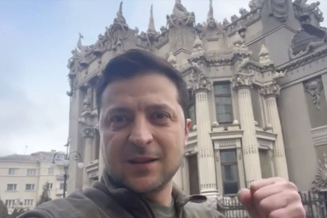 Volodymyr Zelensky speaking to the camera after Ukrainian forces said they had repulsed a Russian attack on their capital, on Saturday.